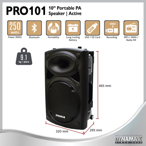DYNAMAX PRO101 8” Bluetooth Portable Active Speaker System with 2 VHF handheld mic / 1 VHF handheld mic & Clip Mic (With MCMC)