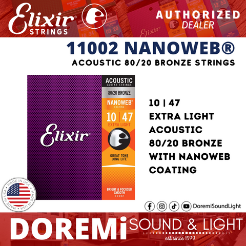 Elixir Strings 11002 80/20 Bronze Acoustic Strings, Nanoweb, Extra Light, 10-47