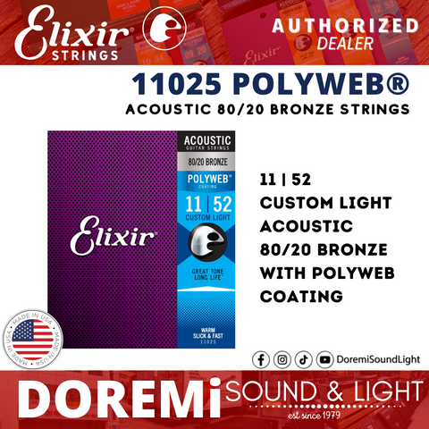 Elixir Strings 11025 80/20 Bronze Acoustic Strings, Polyweb, Custom Light, 11-52