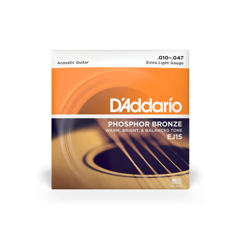 D'Addario EJ15 Phosphor Bronze Acoustic Strings, Extra Light, 10-47