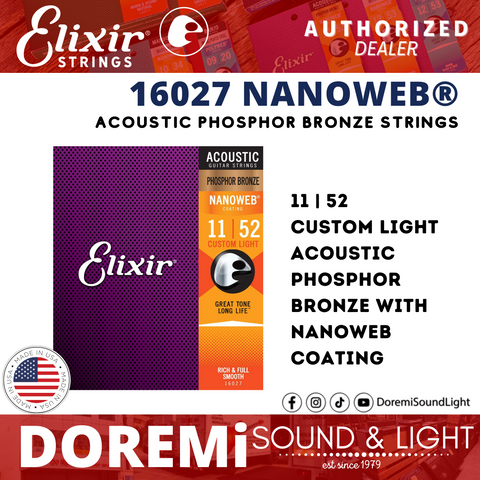 Elixir Strings 16027 Phosphor Bronze Acoustic Strings, Nanoweb, Custom Light, 11-52