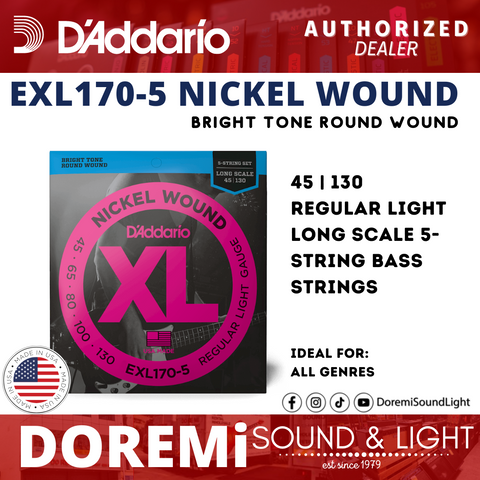 D'Addario EXL170-5 Nickel Wound 5-String Bass Strings, Light, 45-130, Long Scale