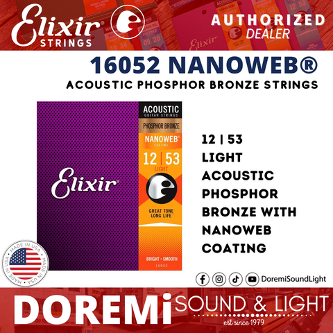 Elixir Strings 16052 Phosphor Bronze Acoustic Strings, Nanoweb, Light, 12-53