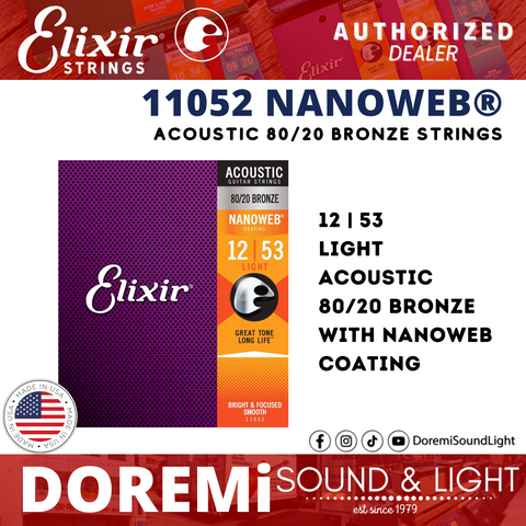 Elixir Strings 11052 80/20 Bronze Acoustic Strings, Nanoweb, Light, 12-53