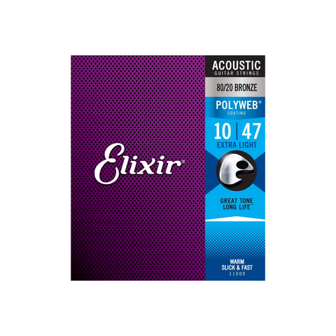 Elixir Strings 11000 80/20 Bronze Acoustic Strings, Polyweb, Extra Light, 10-47