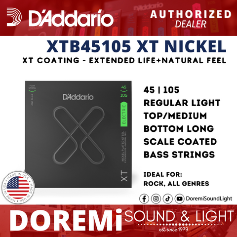 D'Addario XTB45105 XT Coated Nickel Plated Steel Electric Bass Strings, Light Top/Medium Bottom/Long Scale, 45-105