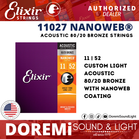 Elixir Strings 11027 80/20 Bronze Acoustic Strings, Nanoweb, Custom Light, 11-52