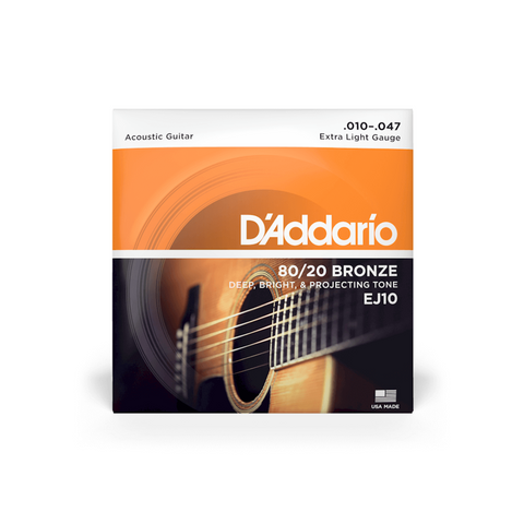 D'Addario EJ10 80/20 Bronze Acoustic Strings, Extra Light, 10-47