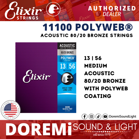 Elixir Strings 11100 80/20 Bronze Acoustic Strings, Polyweb, Medium, 13-56