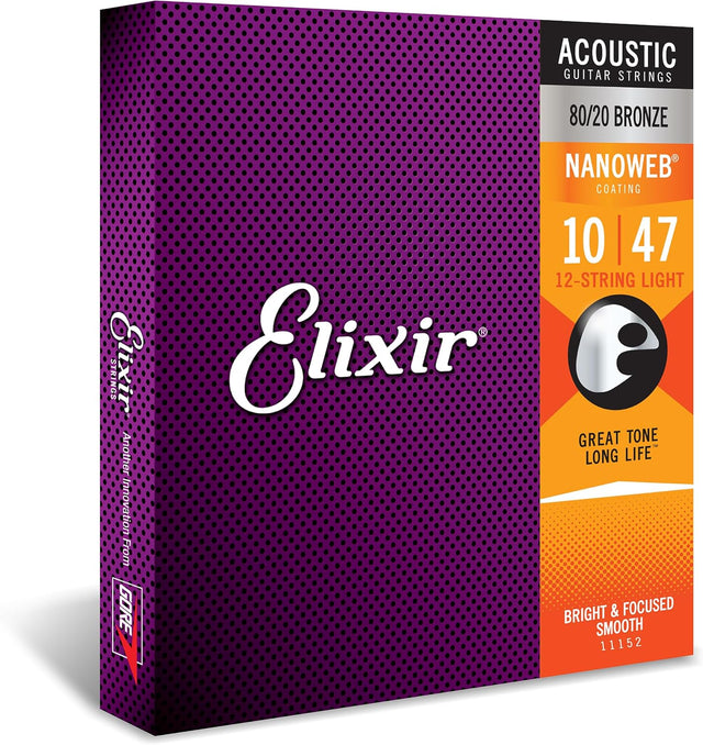 Elixir Strings 11152 Nanoweb 80/20 Bronze Acoustic Guitar Strings, 12 ...