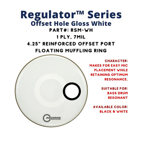 Aquarian RSM-WH Regulator 4.5" Offset Hole Gloss White 1ply 10mil Bass Resonant Drum Head