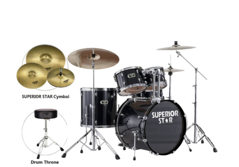 Drum set with cymbals and throne on a white background, featuring 'Superior Star' branding.