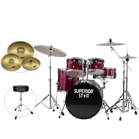 Red drum set with cymbals and stool on a white background, featuring 'Superior Star' branding.