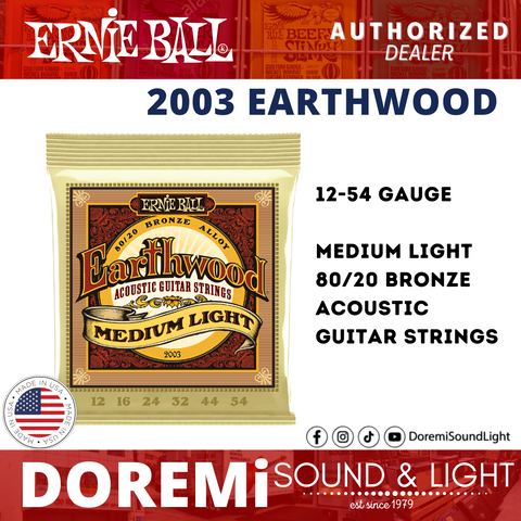 Ernie Ball 2003 Earthwood 80/20 Bronze Acoustic Guitar Strings, Medium Light, 12-54 Gauge