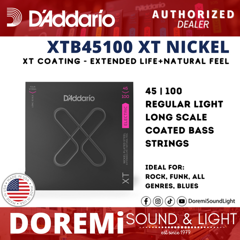 D'Addario XTB45100 XT Coated Nickel Plated Steel Electric Bass Strings, Regular Light/Long Scale, 45-100 Daddario