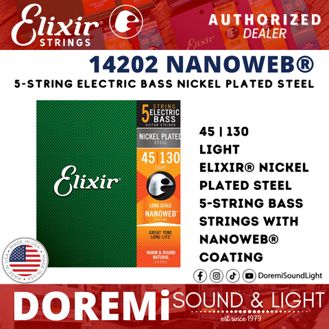 Elixir Strings 14202 Nickel Plated Steel 5-String Bass Strings, Nanoweb, Light, 45-130, Long Scale