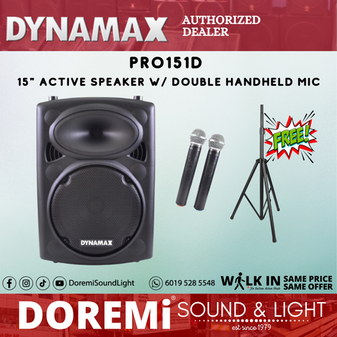 DYNAMAX PRO151D 15" Bluetooth Portable PA System with 2 UHF handheld mic FREE Speaker Stand (PRO151)