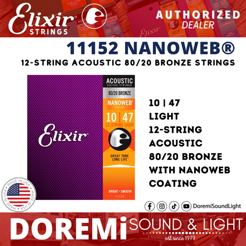 Elixir Strings 11152 80/20 Bronze Acoustic Strings, Nanoweb, 12-String Light, 10-47 & 10-27