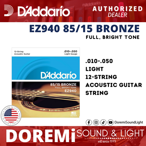 D'Addario EZ940 85/15 Bronze 12-String Acoustic Strings, Light, 10-50