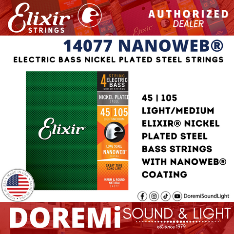 Elixir Strings 14077 Nickel Plated Steel Bass Strings, Nanoweb, Light/Medium, 45-105, Long Scale